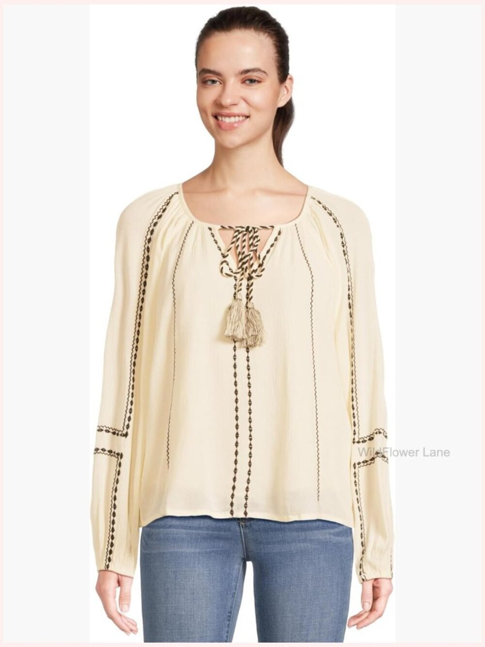 Long Sleeve Woven Raglan Blouse with Embroidery